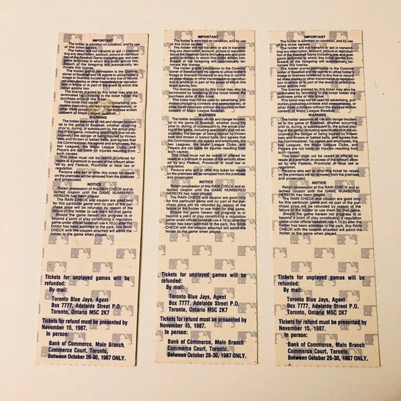 1987 Lot of 3 MLB Baseball Toronto Blue Jays  World Series Tickets - Picture 7 of 10